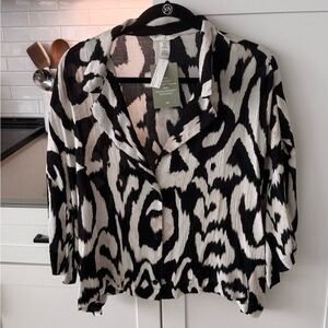 H&M blouse top button down sz XL blk cream and taupe NWT
